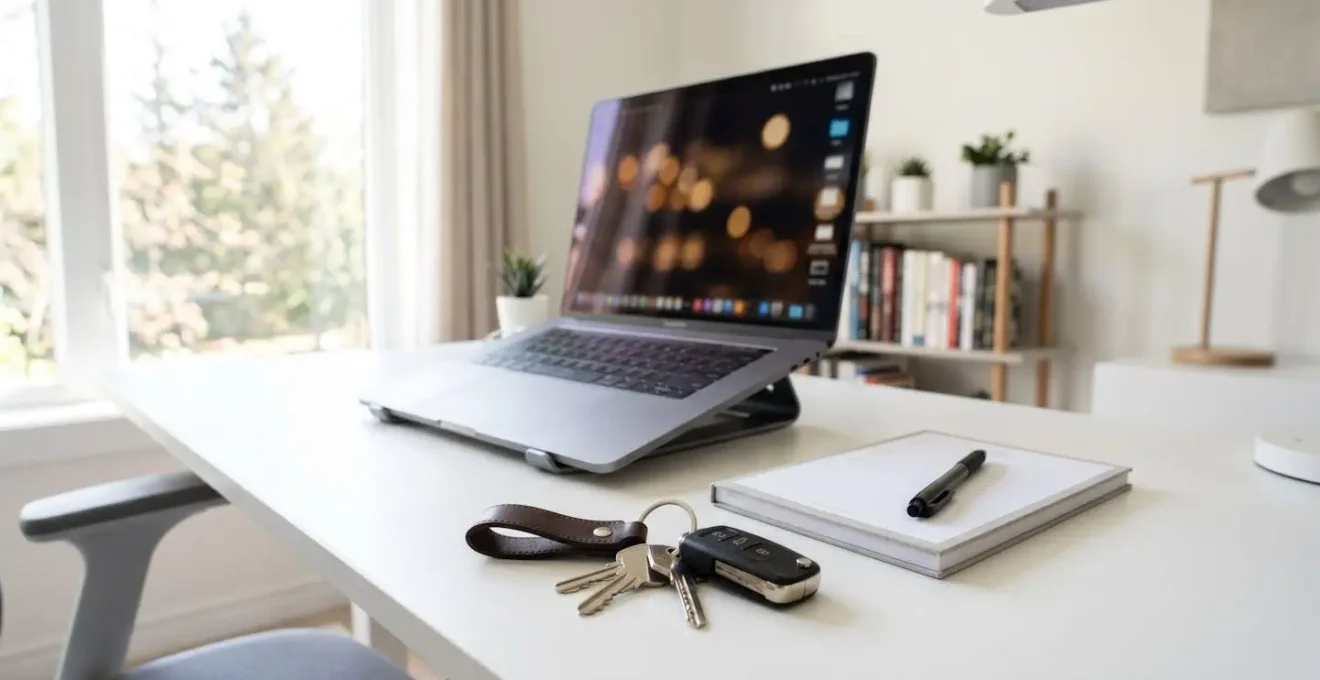 Bureau épuré avec ordinateur portable ouvert à écran flouté, carnet de notes et clés de maison sous lumière naturelle