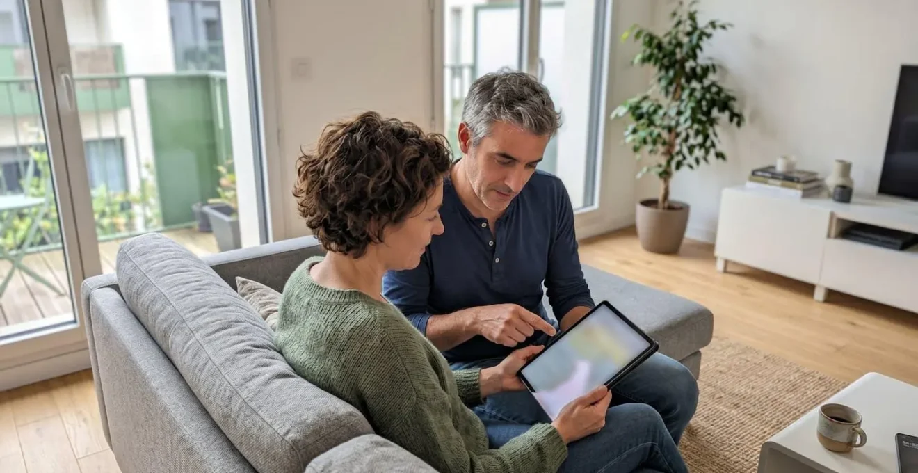 Un couple vu de dos consulte ensemble une tablette dans un salon moderne baigné de lumière naturelle