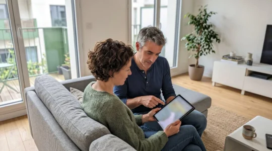 Un couple vu de dos consulte ensemble une tablette dans un salon moderne baigné de lumière naturelle