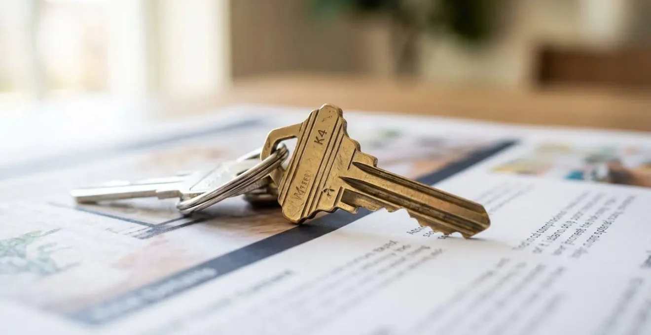 Gros plan sur des clés de maison métalliques posées sur un document immobilier flouté avec lumière rasante