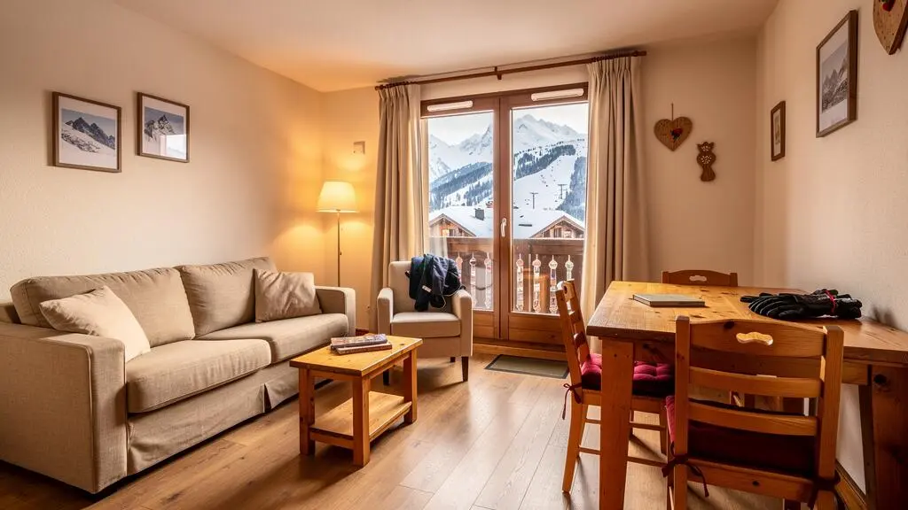 Séjour d'un appartement T3 de location à Arêches-Beaufort montrant l'espace salon, coin repas et vue montagne par la fenêtre.