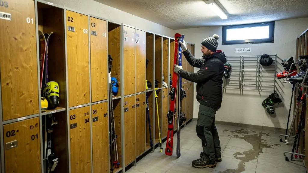 Vacancier rangeant du matériel de ski dans les casiers numérotés du local à skis d'une résidence de location à Arêches-Beaufort.