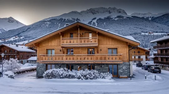 Résidence de location avec architecture alpine traditionnelle à la station de ski d'Arêches-Beaufort en hiver avec neige et montagnes.
