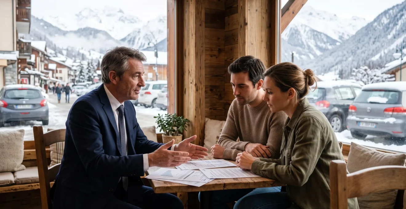 Un conseiller bancaire explique un dossier de financement à un couple dans une agence bancaire d'une ville de montagne.