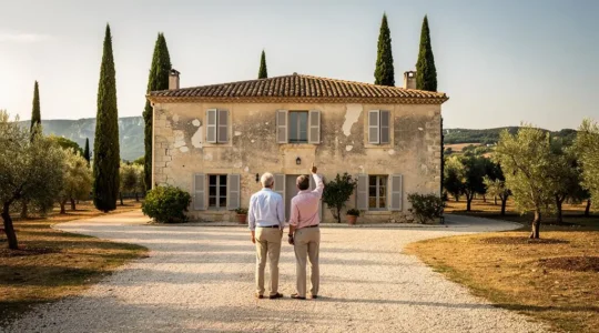 Un couple observe une bastide en pierre entourée d'oliviers à la périphérie de Saint-Rémy-de-Provence.