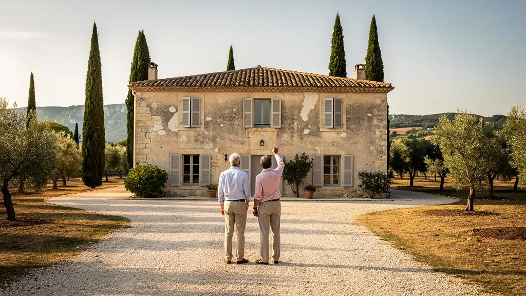 Un couple observe une bastide en pierre entourée d'oliviers à la périphérie de Saint-Rémy-de-Provence.