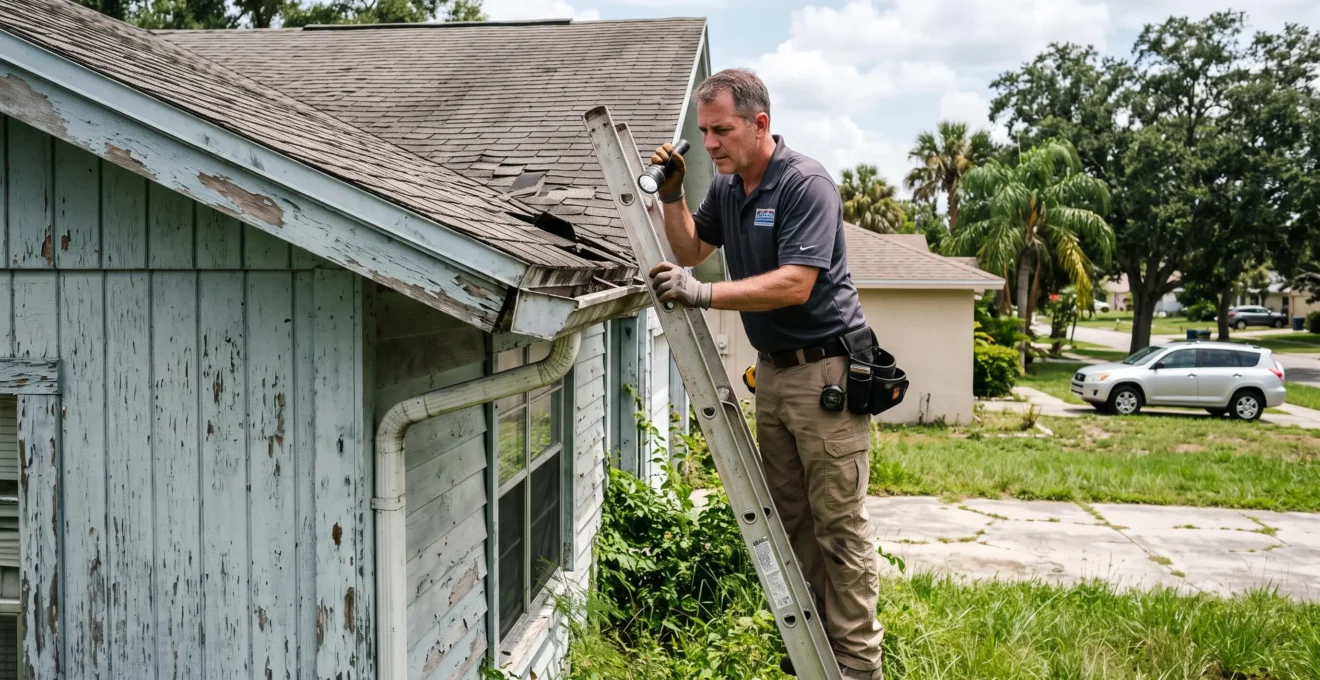 Un inspecteur immobilier debout sur une échelle examine la toiture endommagée d'une maison vieillissante en Floride.