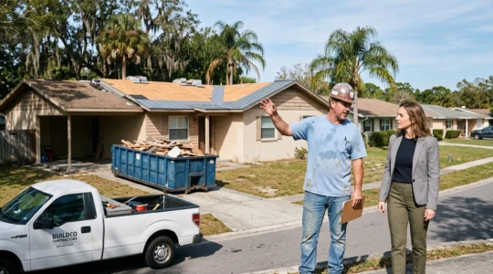 Un entrepreneur et une investisseuse observent une maison familiale à rénover dans un quartier résidentiel d'Orlando, en Floride.