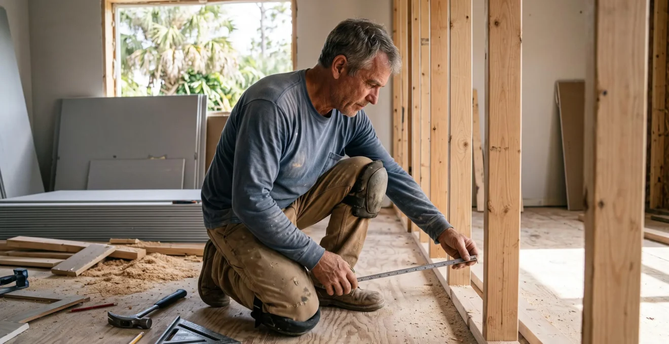 Un menuisier prend des mesures sur une cloison en structure dans une maison en rénovation, sol en contreplaqué apparent.