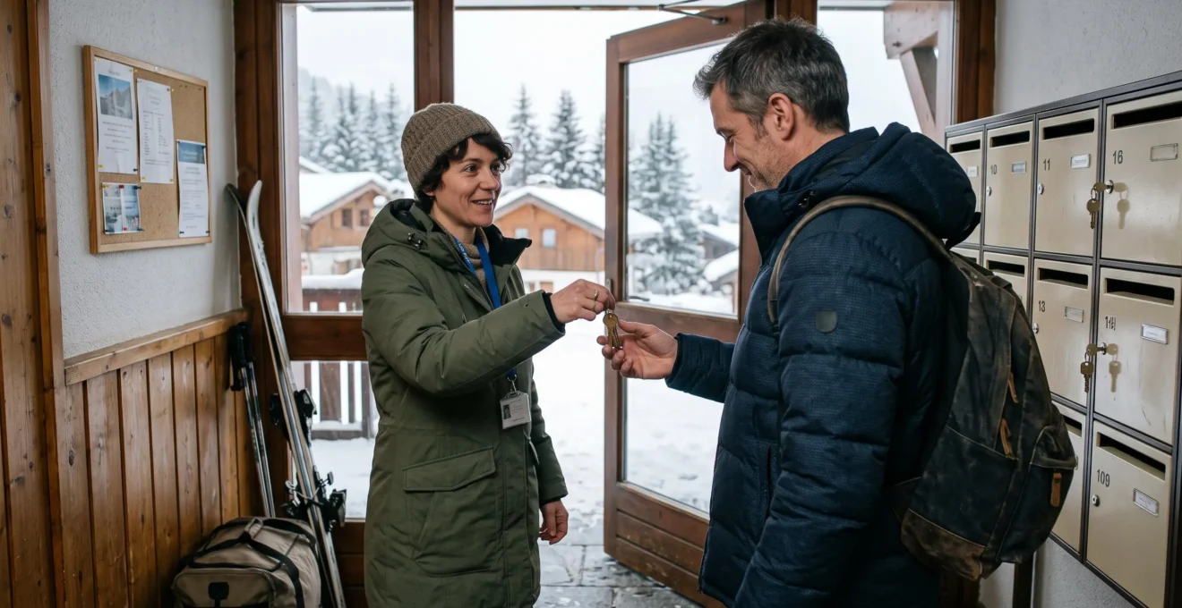 Une agente immobilière remet des clés à un acquéreur dans le hall d'une résidence en station de ski.